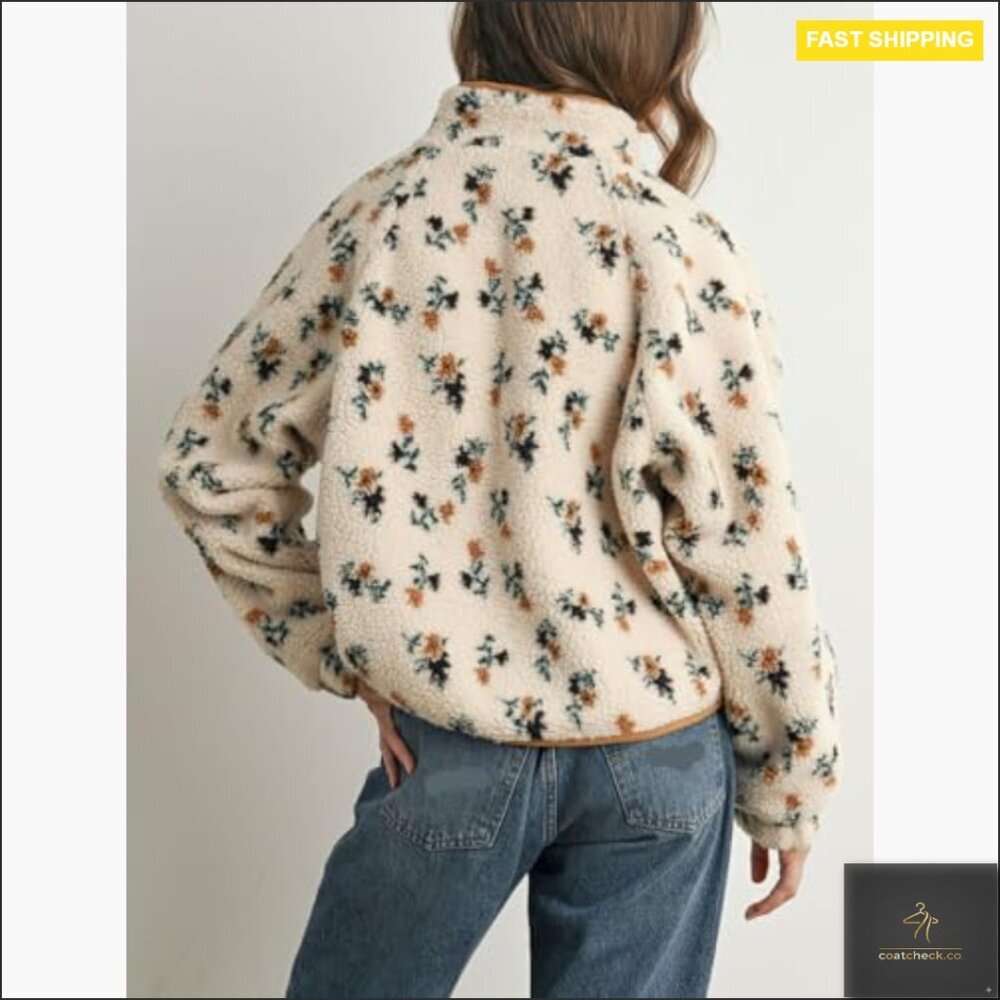Floral Print Fluffy Fleece Jacket Snap Button Winter Teddy Cozy Casual - Picture 2 of 7